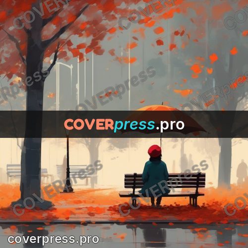 Campion style drawing: red umbrella by a bench