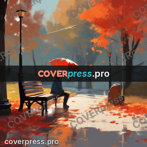 Campion style drawing: red umbrella by a bench