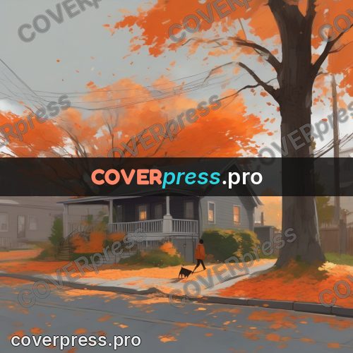 Campion style drawing: house among orange trees