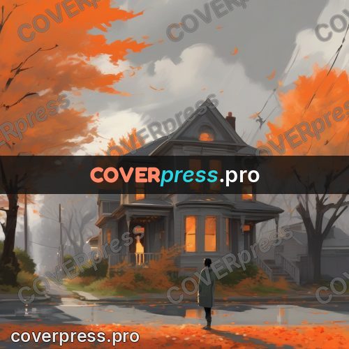 Campion style drawing: house among orange trees