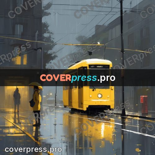Campion style drawing: yellow tram on a wet street
