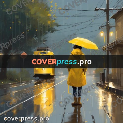 Campion style drawing: yellow tram on a wet street