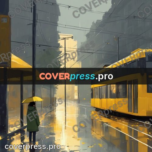 Campion style drawing: yellow tram on a wet street