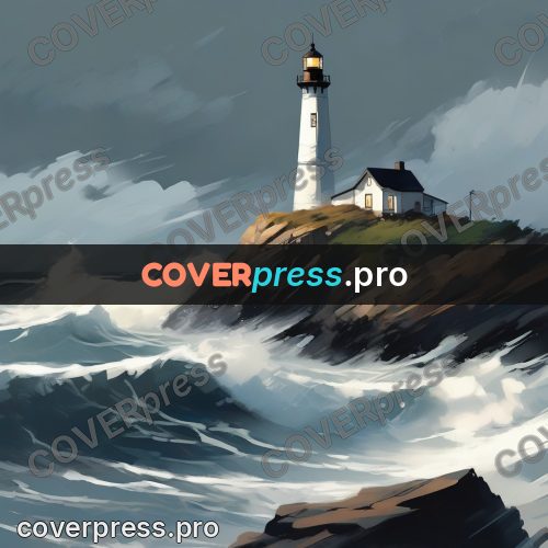 Campion style drawing: lighthouse on rocks in a storm