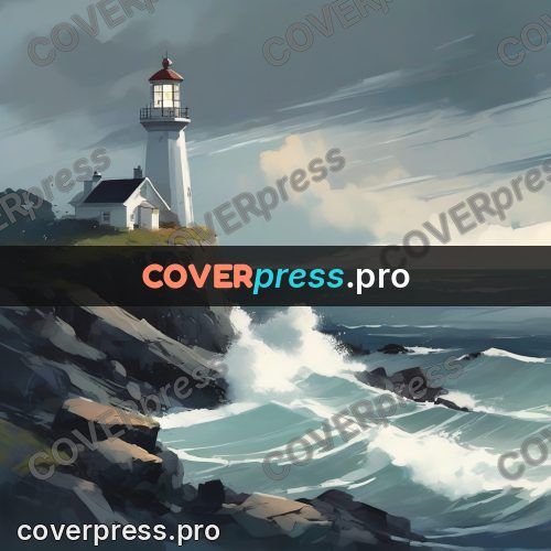 Campion style drawing: lighthouse on rocks in a storm