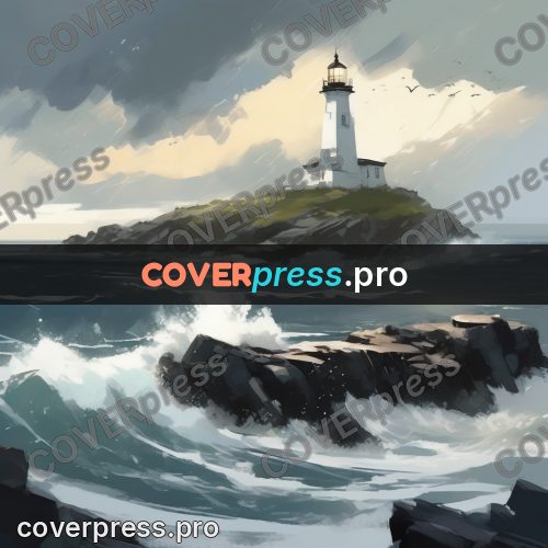 Campion style drawing: lighthouse on rocks in a storm