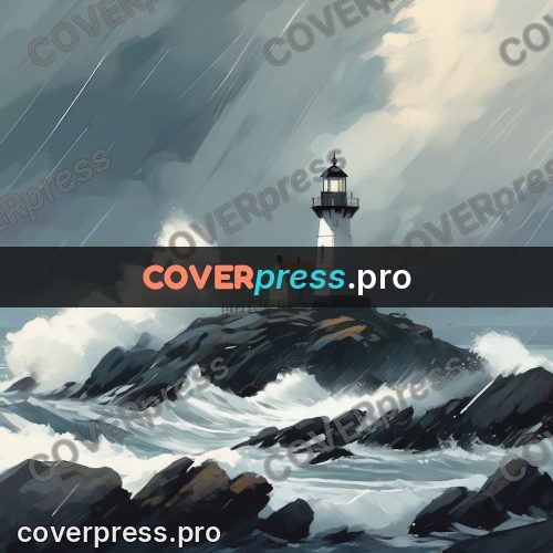 Campion style drawing: lighthouse on rocks in a storm