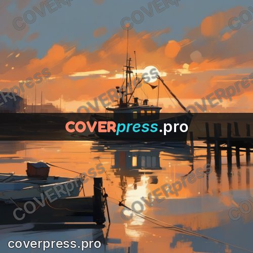Campion style drawing: fishing boat at sunset