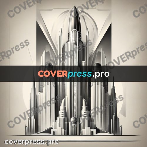 Art deco illustration: rocket above a stepped city