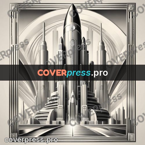 Art deco illustration: rocket above a stepped city