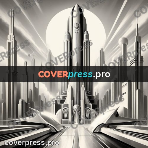 Art deco illustration: rocket above a stepped city
