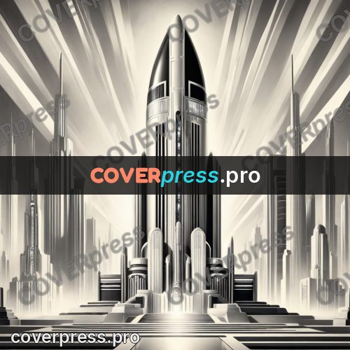 Art deco illustration: rocket above a stepped city