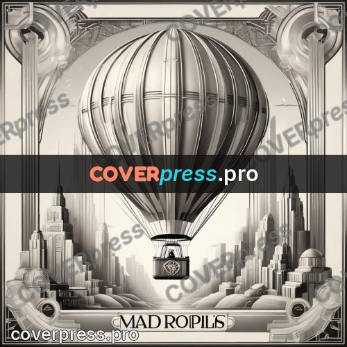 Art deco illustration: hot air balloon over the city
