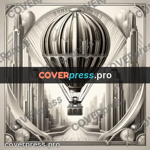 Art deco illustration: hot air balloon over the city