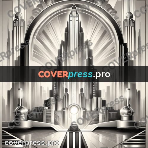 Art deco illustration: towers in searchlight beams