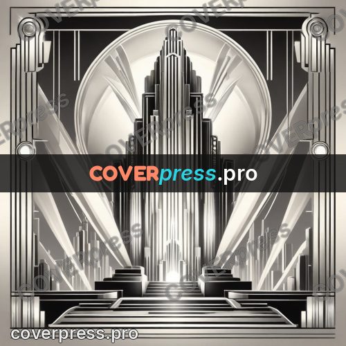 Art deco illustration: towers in searchlight beams
