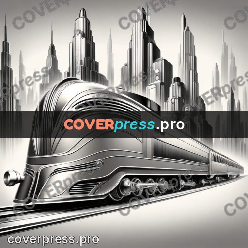 Art deco illustration: streamlined locomotive by skyscrapers