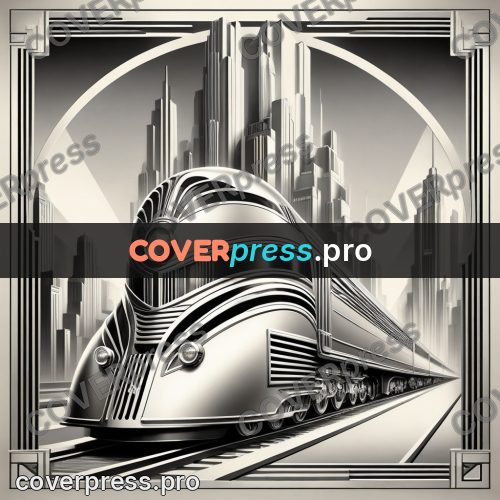 Art deco illustration: streamlined locomotive by skyscrapers