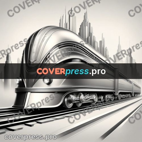 Art deco illustration: streamlined locomotive by skyscrapers