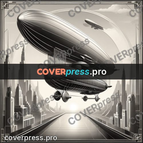 Art deco illustration: airship over the city