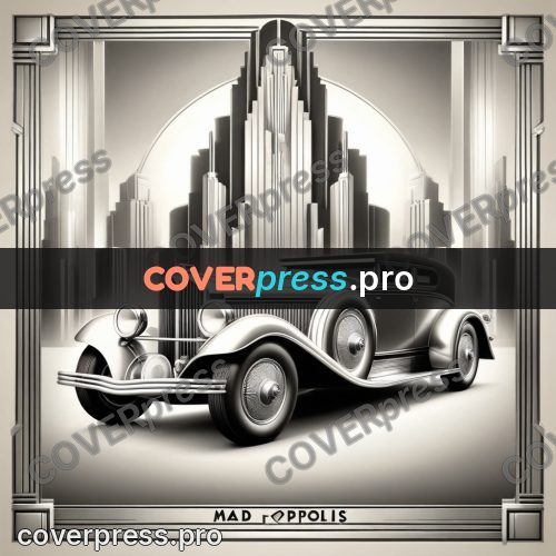 Art deco illustration: vintage car by skyscrapers