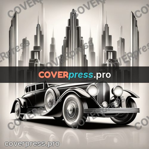 Art deco illustration: vintage car by skyscrapers
