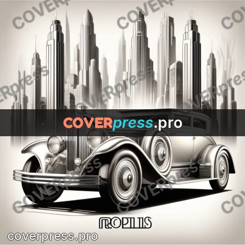 Art deco illustration: vintage car by skyscrapers