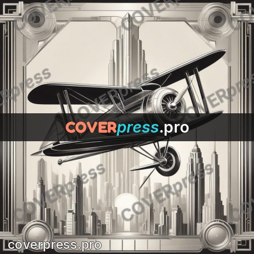 Art deco illustration: biplane over a stepped city