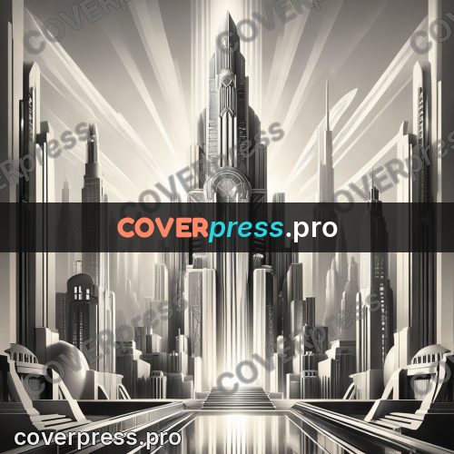 Art deco illustration: stepped skyscrapers in rays of light