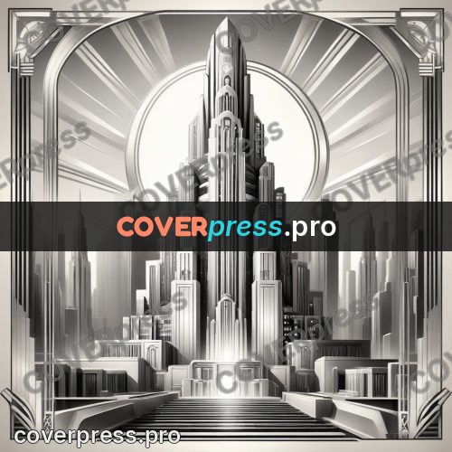 Art deco illustration: stepped skyscrapers in rays of light