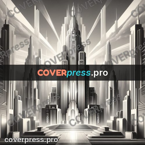 Art deco illustration: stepped skyscrapers in rays of light