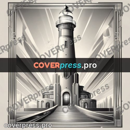 Art deco illustration: lighthouse over a stepped city