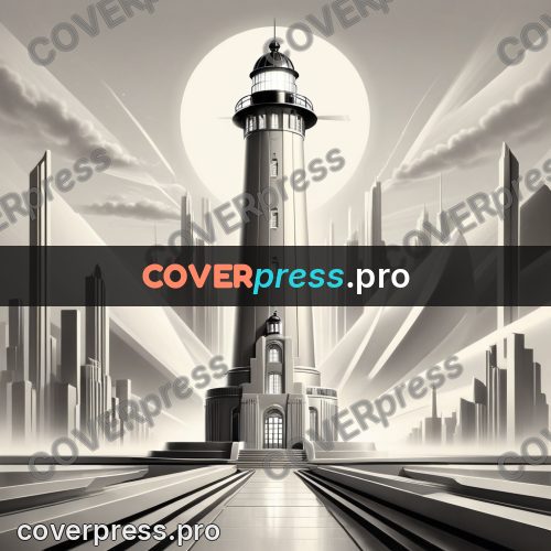 Art deco illustration: lighthouse over a stepped city