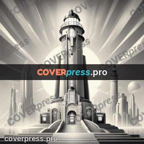 Art deco illustration: lighthouse over a stepped city