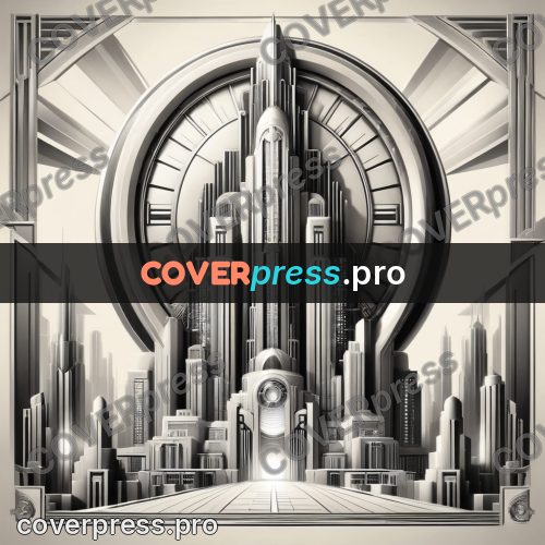 Art deco illustration: round disc above the towers