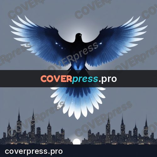 Silhouette poster: bird with spread wings above city