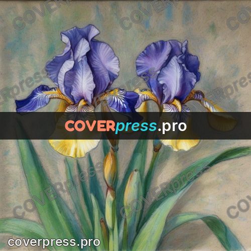 Soft pastel painting: blue irises on green stems