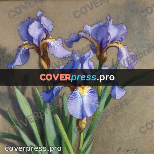 Soft pastel painting: blue irises on green stems