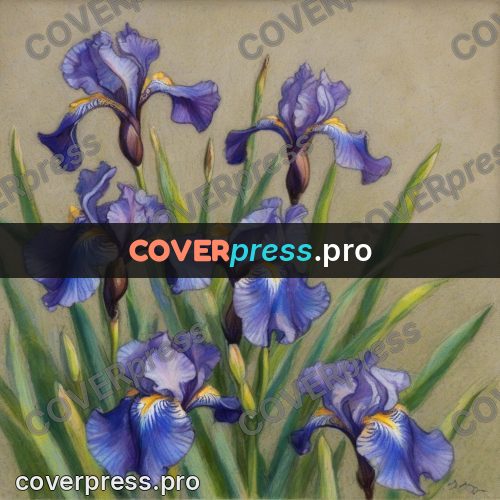 Soft pastel painting: blue irises on green stems