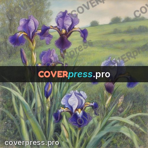 Soft pastel painting: irises in a green meadow