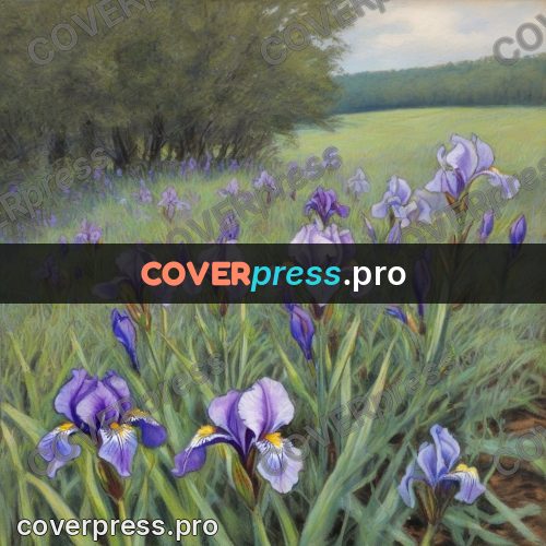 Soft pastel painting: irises in a green meadow