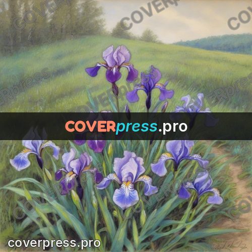Soft pastel painting: irises in a green meadow