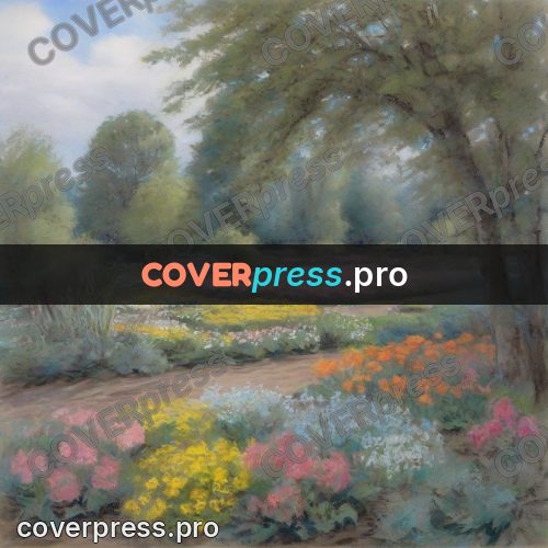 Soft pastel painting: flower beds along a garden path