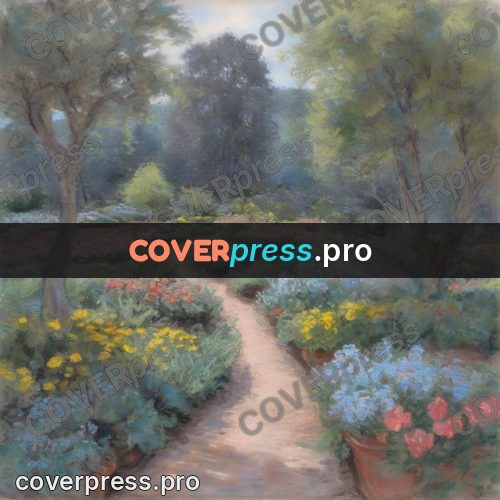 Soft pastel painting: flower beds along a garden path