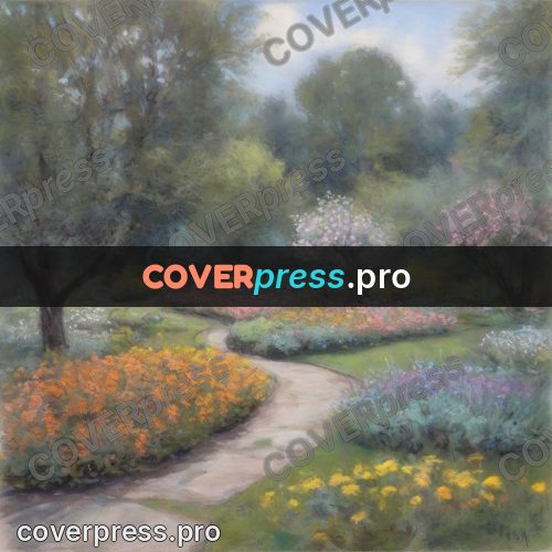 Soft pastel painting: flower beds along a garden path