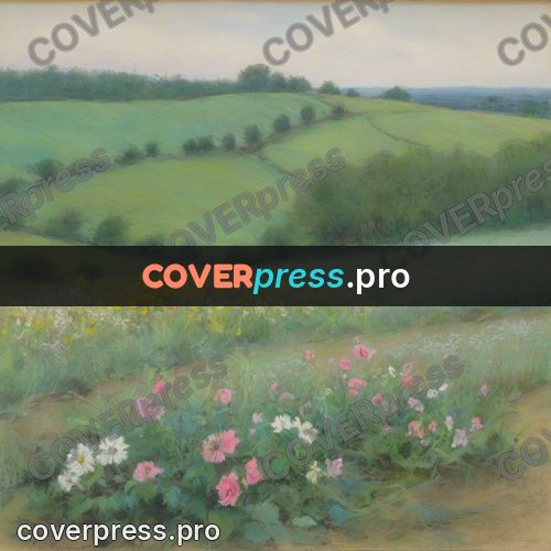 Soft pastel painting: wild flowers by green hills