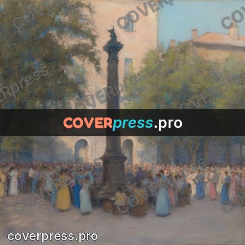 Soft pastel painting: crowd by a stone column