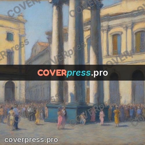 Soft pastel painting: crowd by a stone column