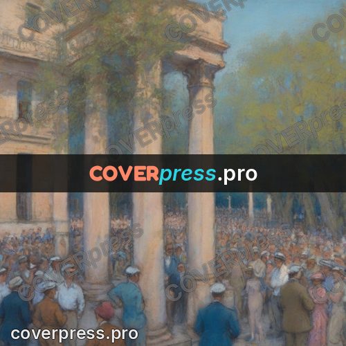 Soft pastel painting: crowd by a stone column