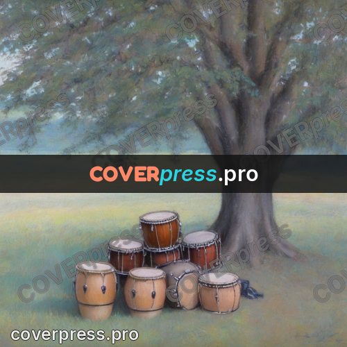 Soft pastel painting: drums on grass under a tree